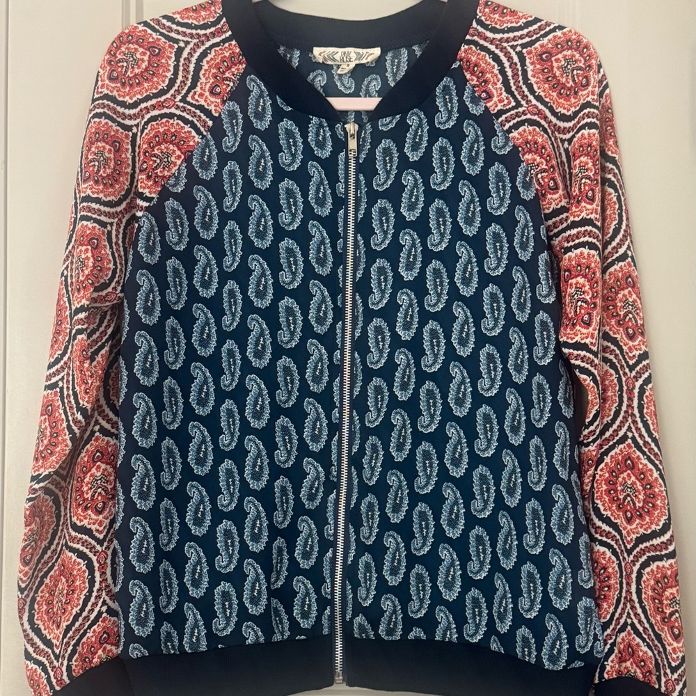Pink Rose Blue and Red Bomber Jacket with Geometric Design